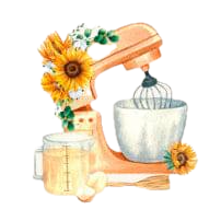 Rustic stand mixer with mixing bowl, sunflower, and wooden baking ingredients